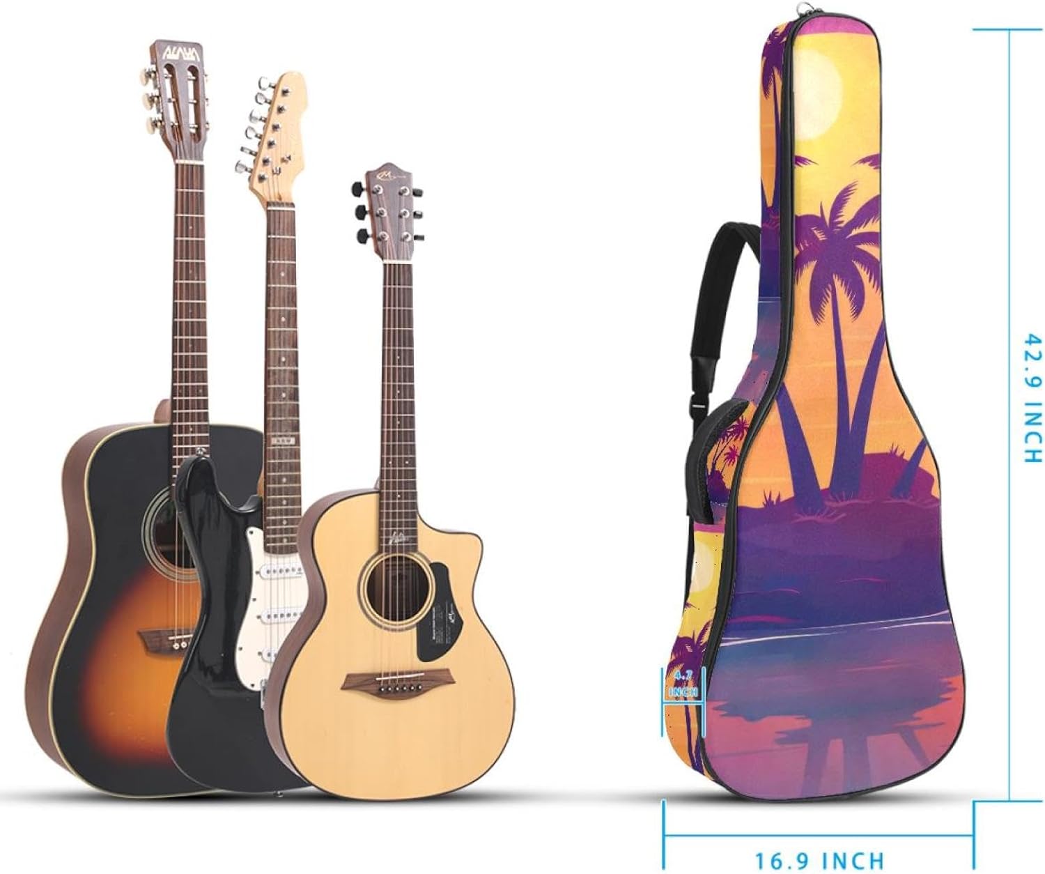 Acoustic Guitar Gig Bag 1 cm Thick Padding, Waterproof Electric Guitar Bag 40-42 Inch Guitar Case Backpack with Dual Shoulder Strap, Tropical Island and Palm Trees on Sunset Background