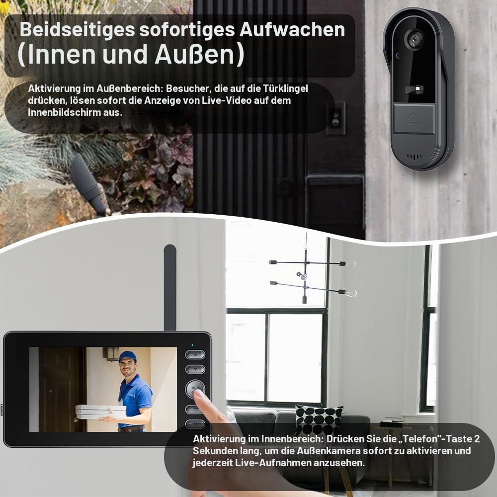 Drahtlose Videoklingel mit Kamera 1080P Funkklingel Aussen Wasserdicht Kabellos Türklingel mit 4,3 Zoll Innenmonitor, 170° Weitwinkel Infrarot Nachtsicht Zwei-Wege Gegensprechanlage Haustürklingel