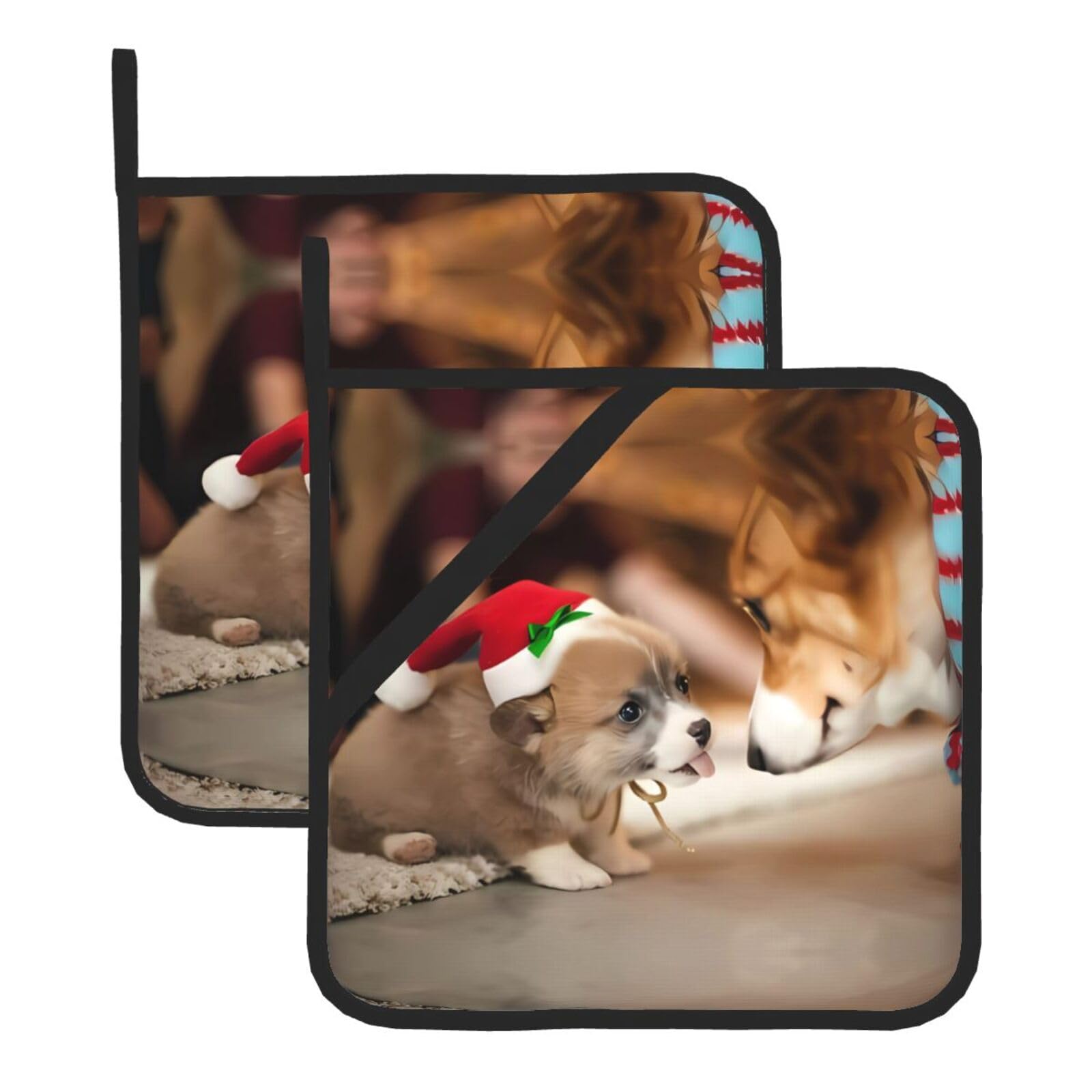 WHJSSF Cute Corgi Prints Square Hot Pads for Kitchen Counter - Waterproof Trivets with Hanging Loop, Thick Pot Covers for Serving, Oven & BBQ - Set of 2 (1 with Pocket)