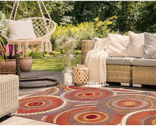 Liora Manne Marina Indoor Outdoor Rug - Multicolored Designs, Comfortable & Durable, Power Loomed, Polypropylene Material, UV Stabilized, Circles Saffron, 7'10" x 9'10"