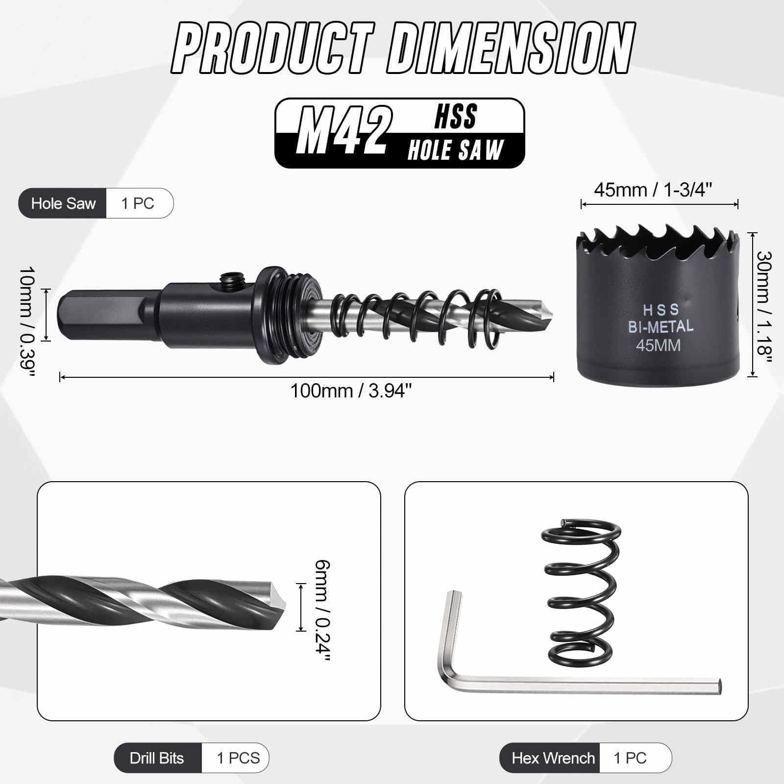 CoCud 1-3/4"(45mm) Hole Saw, M42 Bi-Metal Hex Shank Hole Cutters Drill Bit with Spring - Image 2