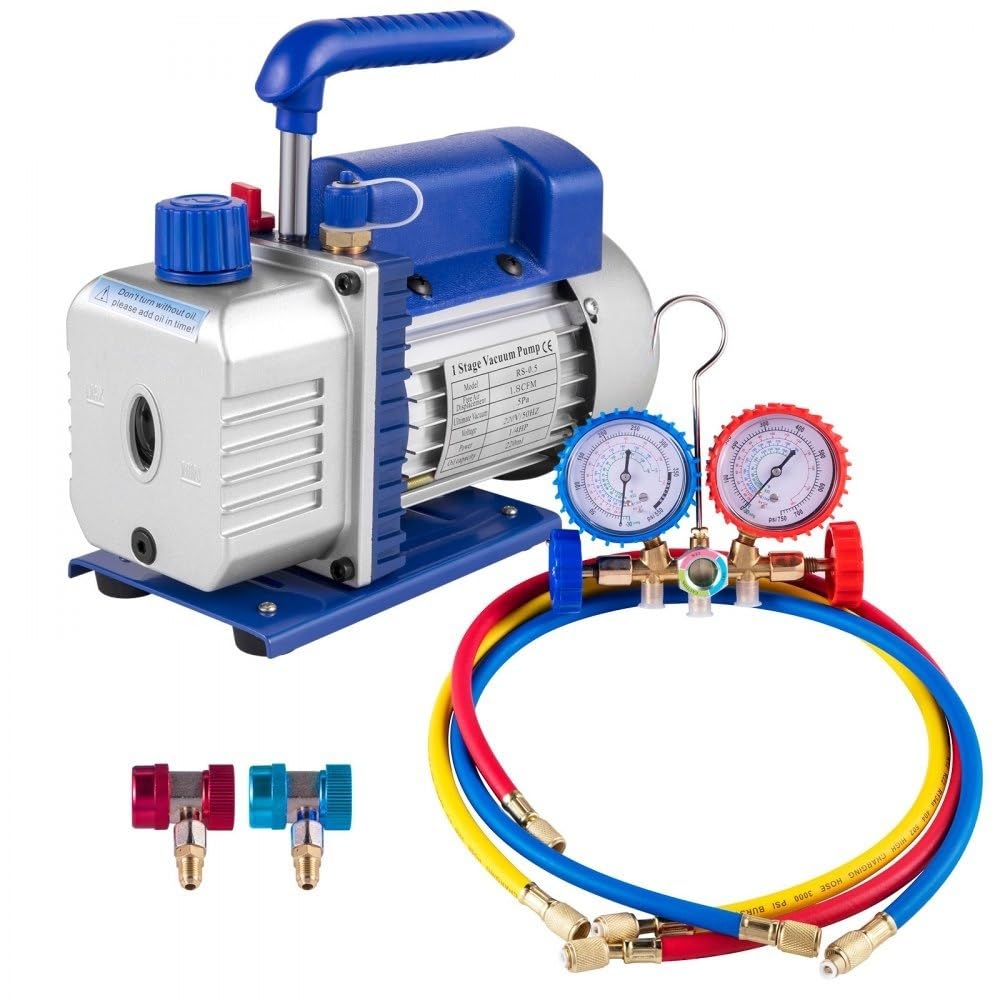 Pompa per Vuoto Aria Condizionata 1.8CFM 1/4hp Pompa per Vuoto Frigorista con Un Misuratore Collettore 1440 RPM Anti-Reflusso Olio per Condizionatore Auto Automobile Riflettore
