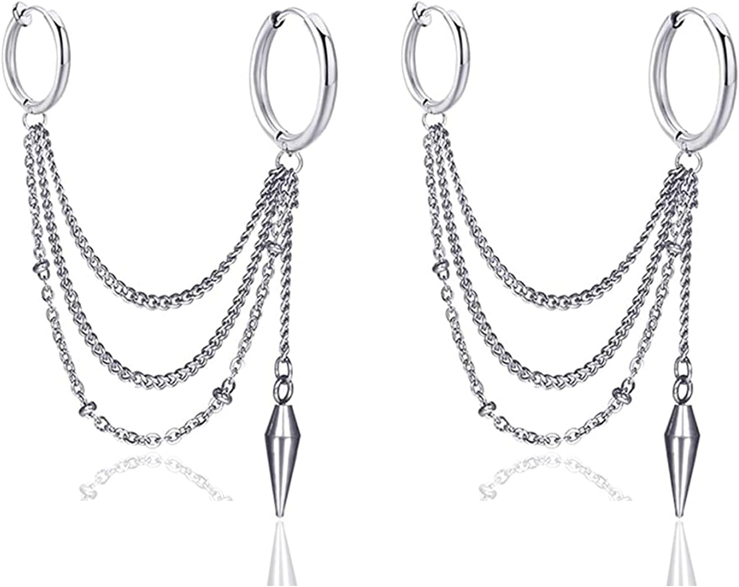 Hip Hop Stainless Steel Tube Circle Clip On Hoop Earrings Tassel Chain Dangle Earrings,2PCS