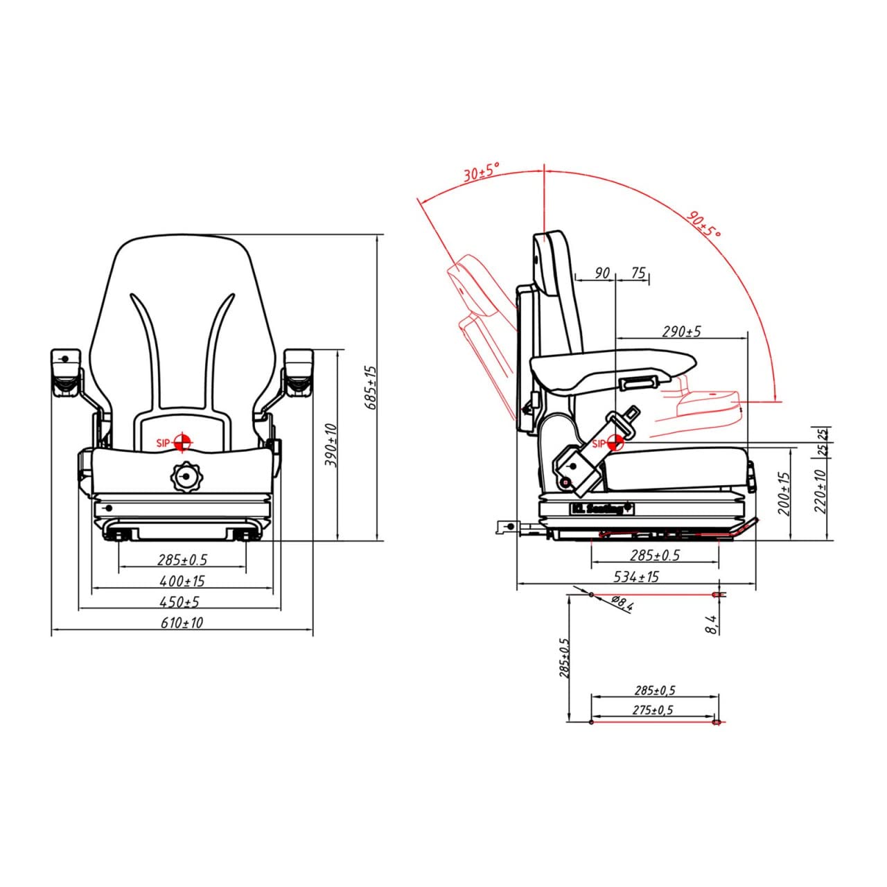 Asiento para tractor HT-RUNDLE-16, 42 x 47 cm, ajustable, suspensión, tractor, asiento elevador