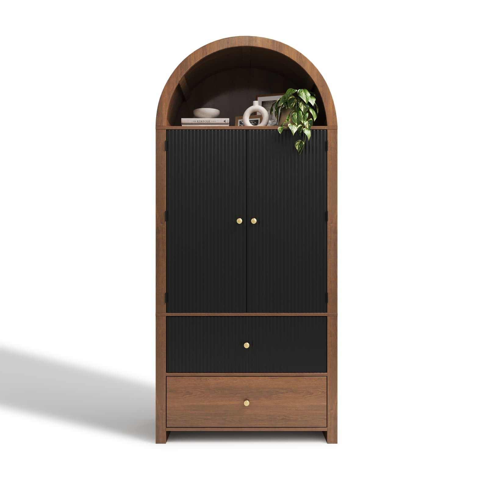 KOMHTOM Armoire de Rangement Haute, Armoire en Bois, Meuble de Rangement, Conception avec Dessus Incurvé, 3 Tiroirs, 2 Portes, pour Cuisine et Salon (Noir+Naturel)