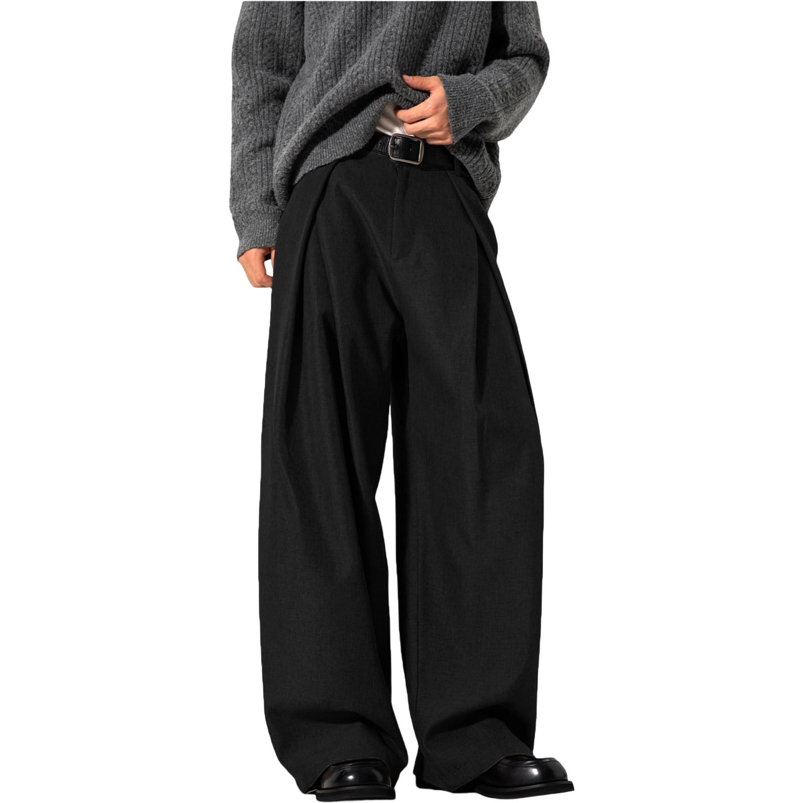 Générique Pantalon de Robe Homme Baggy Élégant Pantalon de Costume Élasticité Coupe Ample Jambe Large avec Plis et Poches à Utiliser pour Bureau Travail Serveur Commis