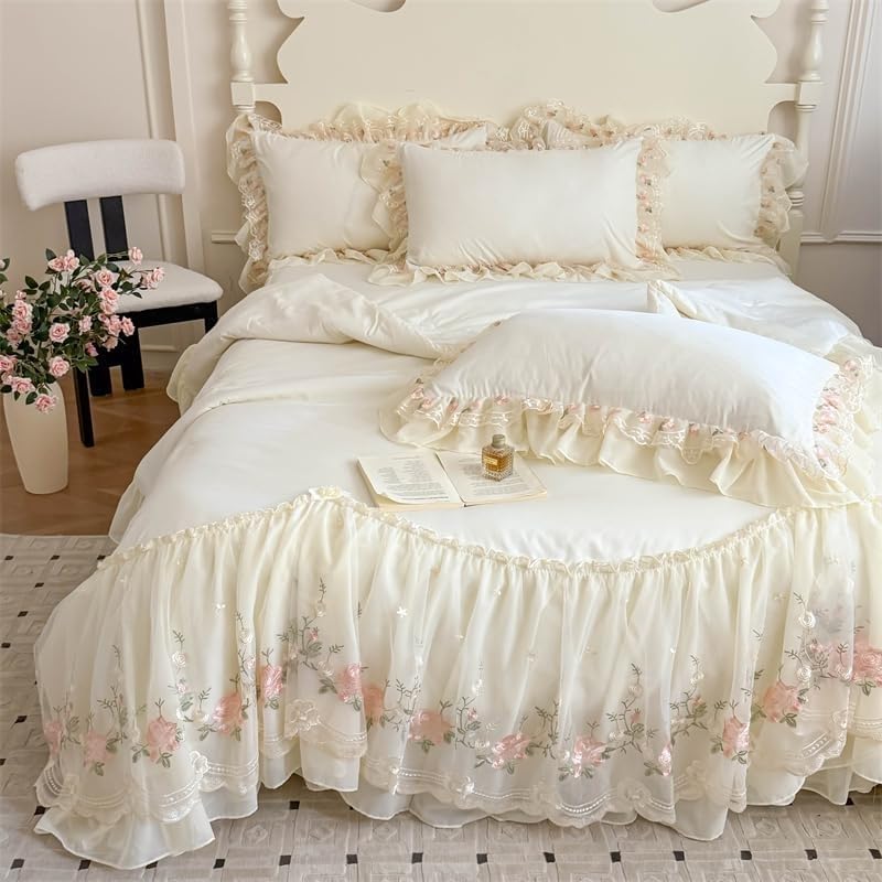 Conjunto Ropa de Cama 4 Piezas Encaje Estilo Francés Chic Cubrecolchón,Sábana Funda Almohada Chiffon Volante Niña,Estilo Coreano Princesa,Ultra Suave Ligero Sin Edredón(White,Queen (U.S. Standard))