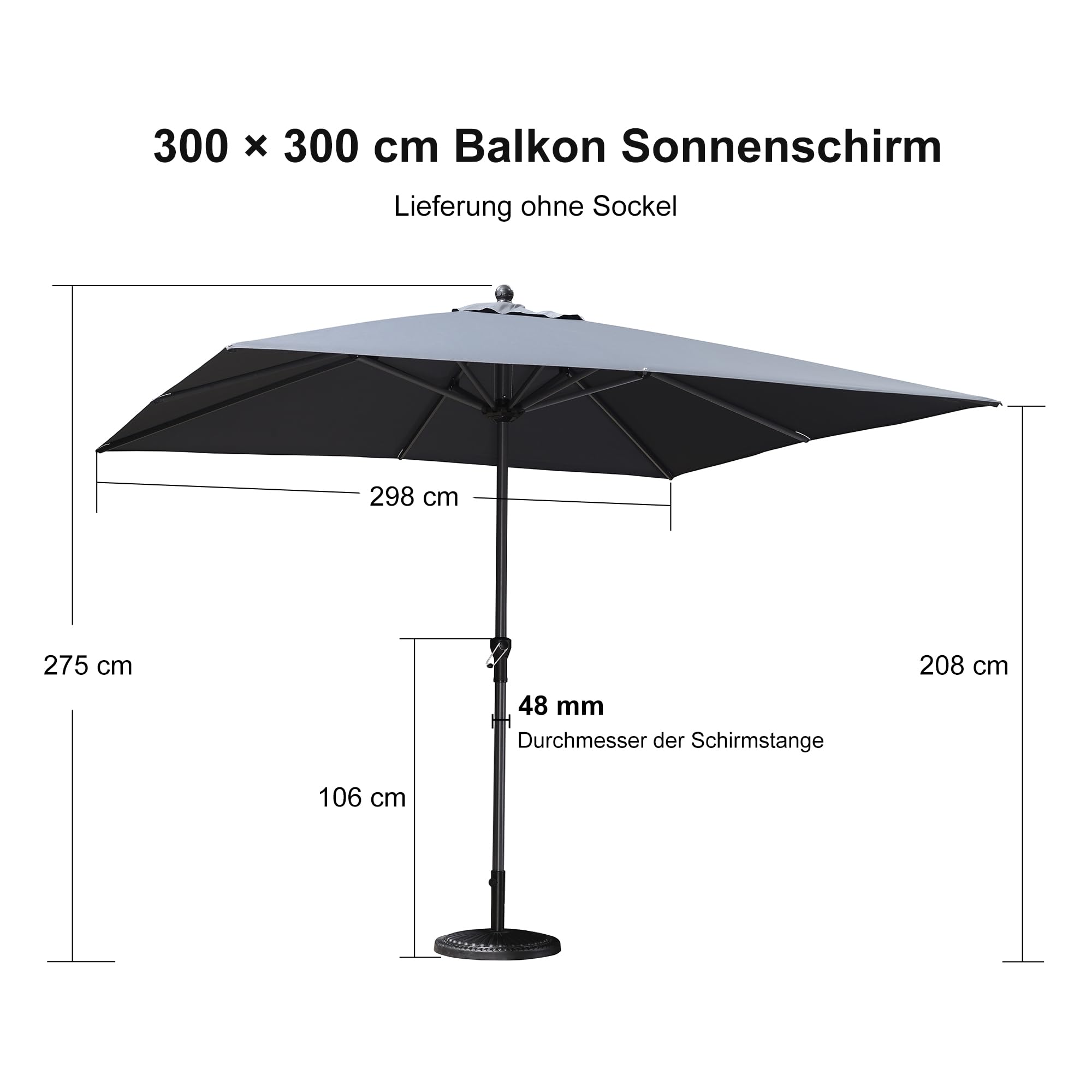PURPLE LEAF Sonnenschirm 180 × 120 cm Alu mit Kurbel & Knickfunktion Grau | Aluguss-Griff, 8 stabile Stahlrippen, Farbechtes Polyester, Knickfunktion, Robustes Aluminium, Marktschirm Rostfreies Gestell