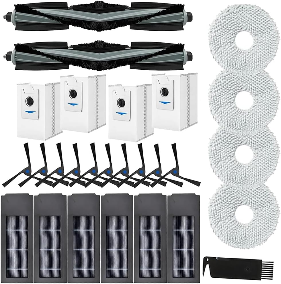 Donkivvy27 Pcs Replacement Parts Compatible with Ecovacs Deebot X2 Omni/ X2 Pro/ DEX86 Robot Vacuums - 2 Main Roller Brush, 10 Side Brushes, 6 HEPA Filters, 4 Mop Pads, 4 Dust Bags