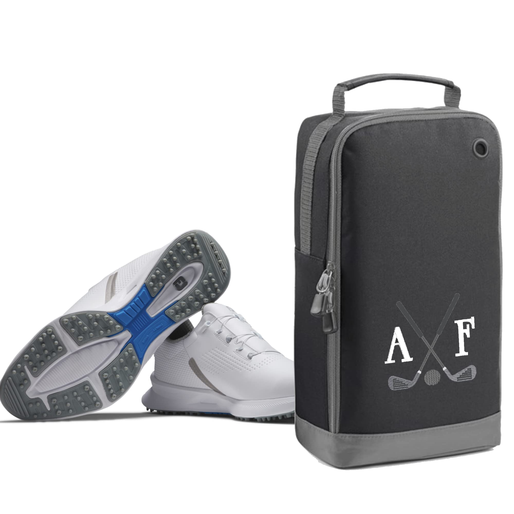 Golf Shoe Bag Personalised with Embroidered Initials - Monogrammed Golf Clubs Logo - Free P&P (Black)