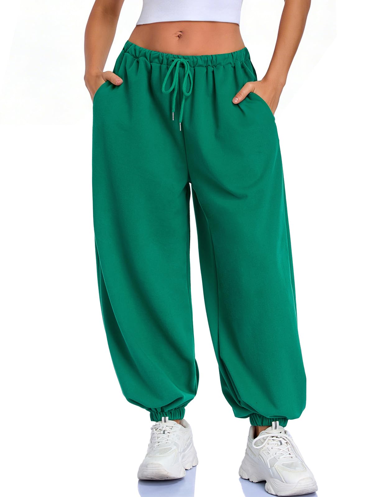 Women's Baggy Balloon Pants Elastic Waist Wide Leg Barrel Pants Joggers Lounge Pants with Pockets Green Small