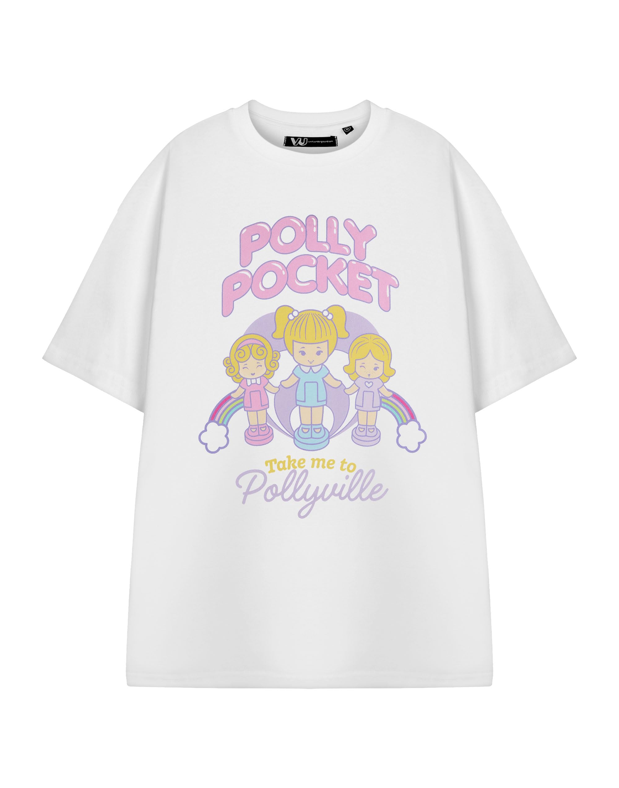 Polly Pocket Women's Pollyville Classic Cartoon T-Shirt In White | Theme Graphic Tee | Crew Neck Short Sleeve Top Characters Apparel | Plain Style Casual Wear | Pull On Tee