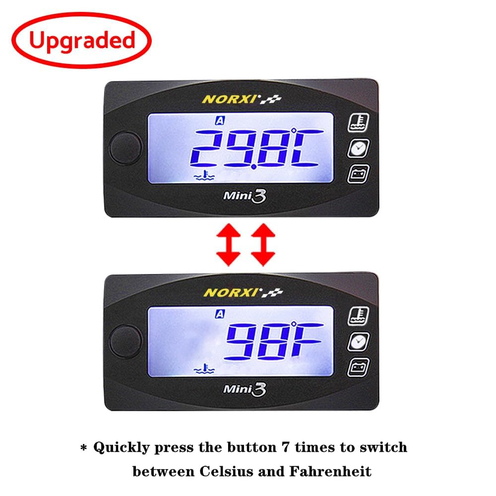 Universal Motorcycle 4 in 1 Multifunction Gauge (Oil Temp+Cylinder Head Temp+Voltmeter+Timer) Temp Fahrenheit/Celsius(℉/℃) Digital Voltage Meter Clock Multimeter for Motorcycle(M12*1.5, 10mm)