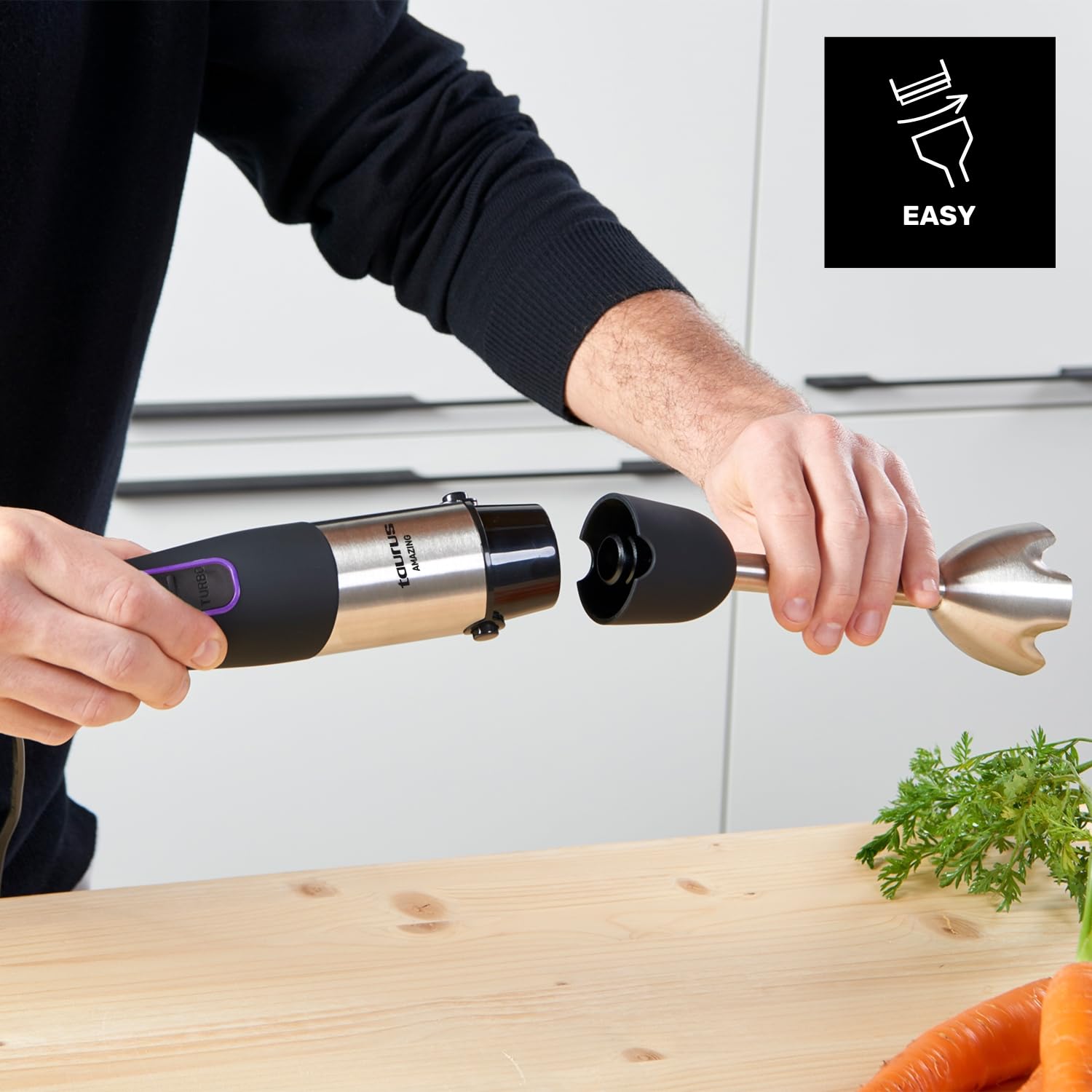 Taurus Blender ręczny 1000W | 20 poziomów prędkości | funkcja turbo | 4 ostrza ze stali nierdzewnej | ergonomiczna konstrukcja miękka w dotyku | ochrona przed zachlapaniem | akcesoria | stal nierdzewna | elektryczny | plastik, srebrny/czarny