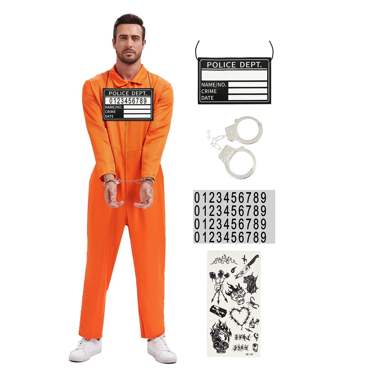 AFJIODUV Orange Prisoner Costume Convict Jumpsuit with Inmate Accessories