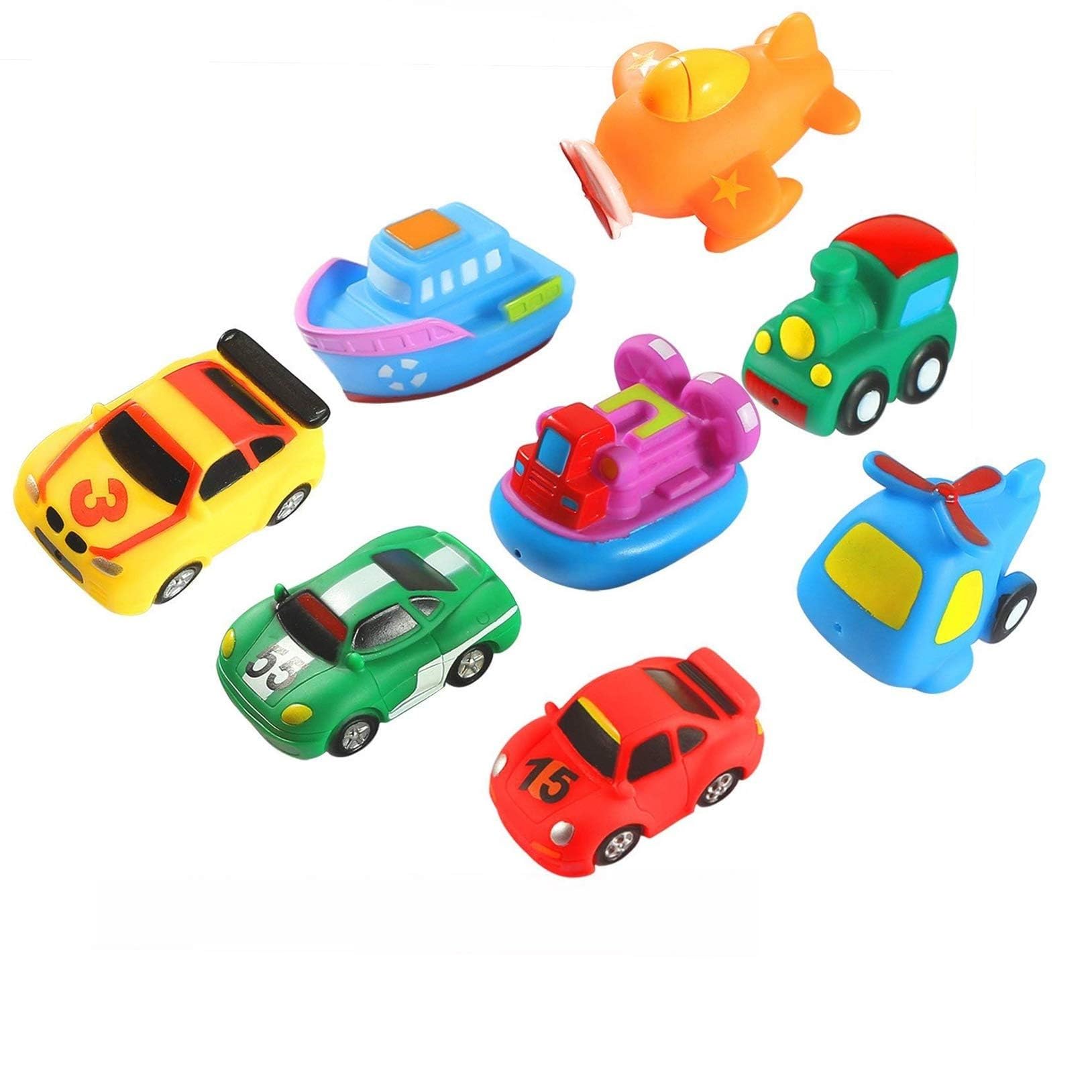 8 Pcs Juguetes de Baño Fotante de Goma para Bebé Niños - Autos de Carreras, Barcos, Aviones y Tren