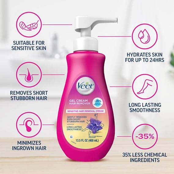 Veet Sensitive Skin Formula with Aloe Vera and Vitamin E, Dermatologically Tested Hair Removal Gel Cream 13.5 Fl Oz. for Legs & Body (6 Pack)