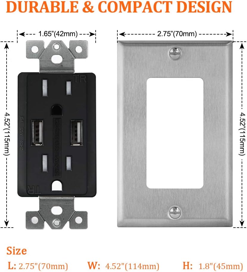 Black USB Outlet Receptacle, 2 Pack SZICT High Speed Black Charger Outlet, 4.2 Amp TR Receptacle with Stainless Steel Wall Plate, UL-listed 2 USB Ports 15A 60Hz