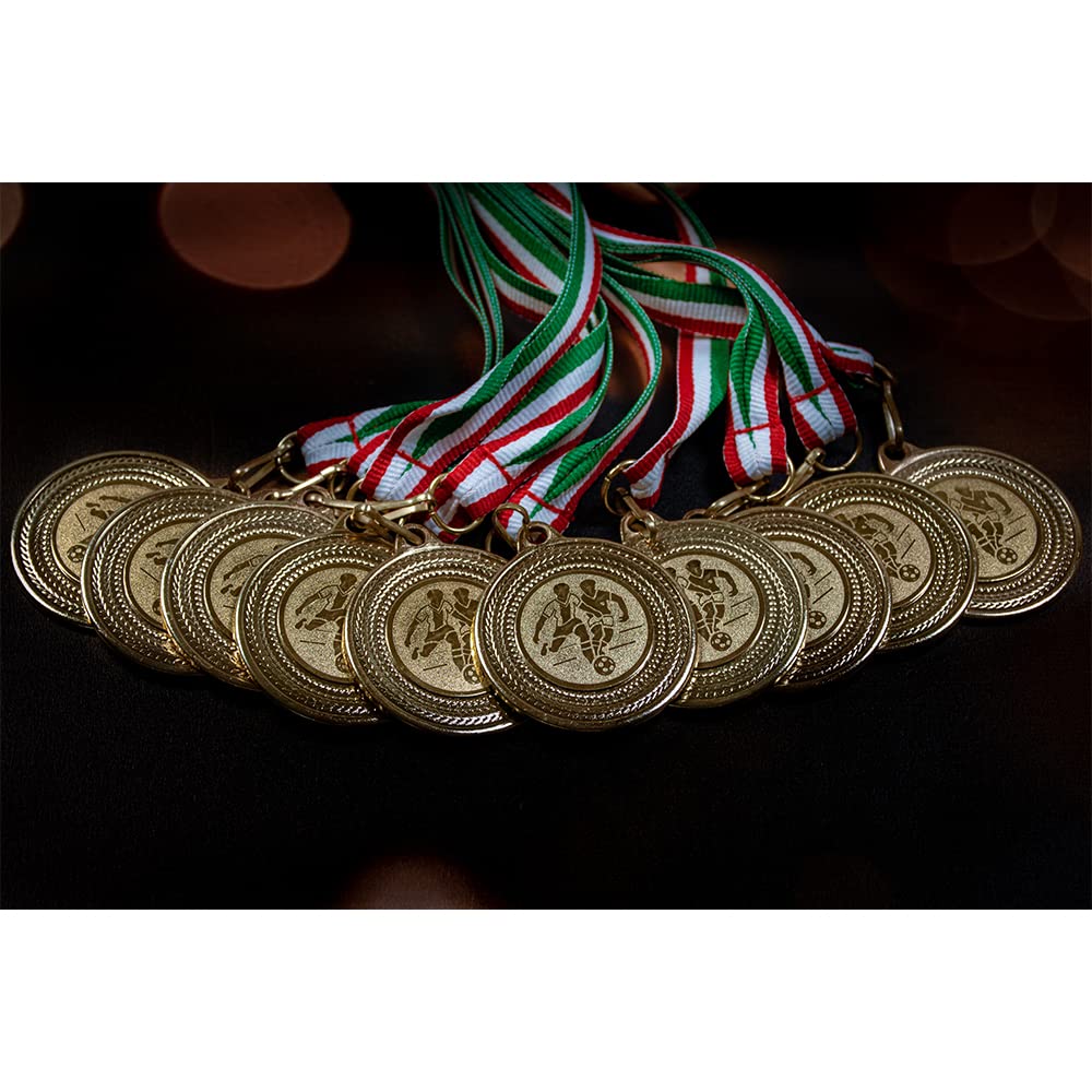 Fábrica de trofeos – Medallas de fútbol – Juego de 10 medallas de metal – Medalla de fútbol dorada para colgar para premios de premios – Medallas para niños con cinta verde y blanco rojo y emblema