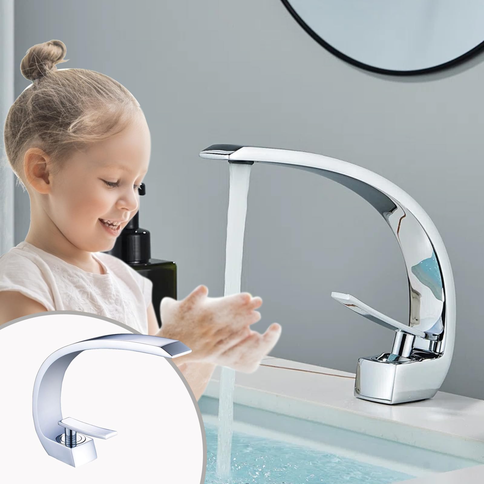 Robinet d'évier de salle de bain en chrome avec tuyau d'alimentation, robinet de lavabo monotrou à conception unique, mitigeur de lavabo