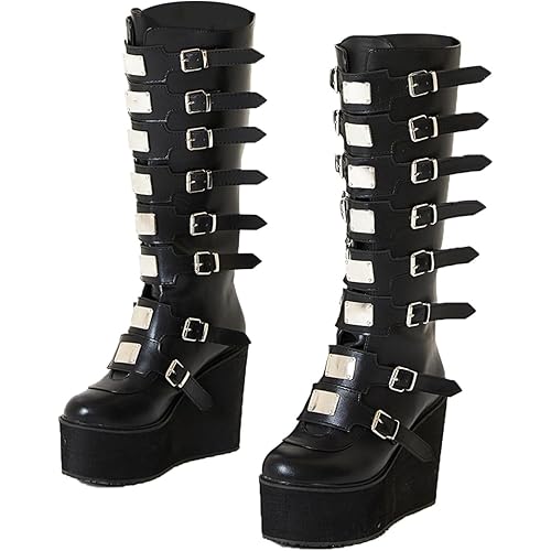 CELNEPHO Womens Wedge Platform Knee High Boots High Heel Round-Toe Zip Punk Goth Mid Calf Combat Boots For Women