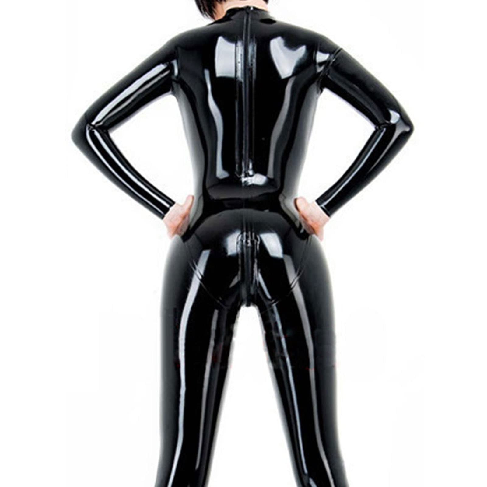 Tuta Intera in Pelle Latex Donna Sexy Abbigliamento Erotico Wetlook Maniche Lunghe Slim Fit con Cerniera Leggings Calzamaglia Pole Dance Clubwear,Nero,M