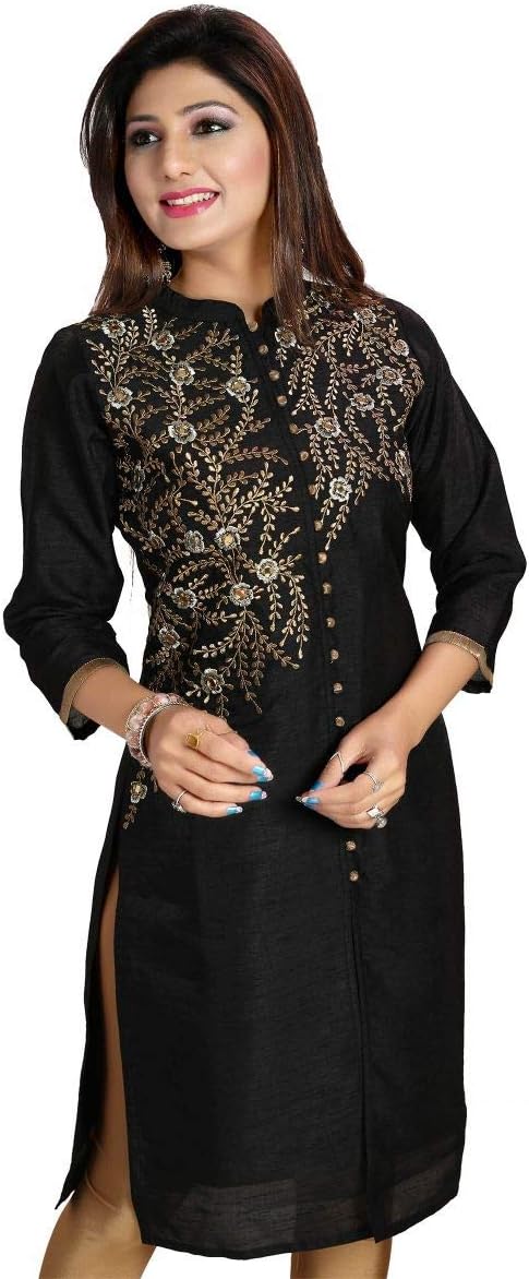 UnifiedclothesKurti for Women: Premium Indian Kurtis Ethnic Tops - Stylish Tunics for Casual, Party and Festive Wear Women Long Black Raw Silk Kurti Tunic Shirt Embroidery BD345