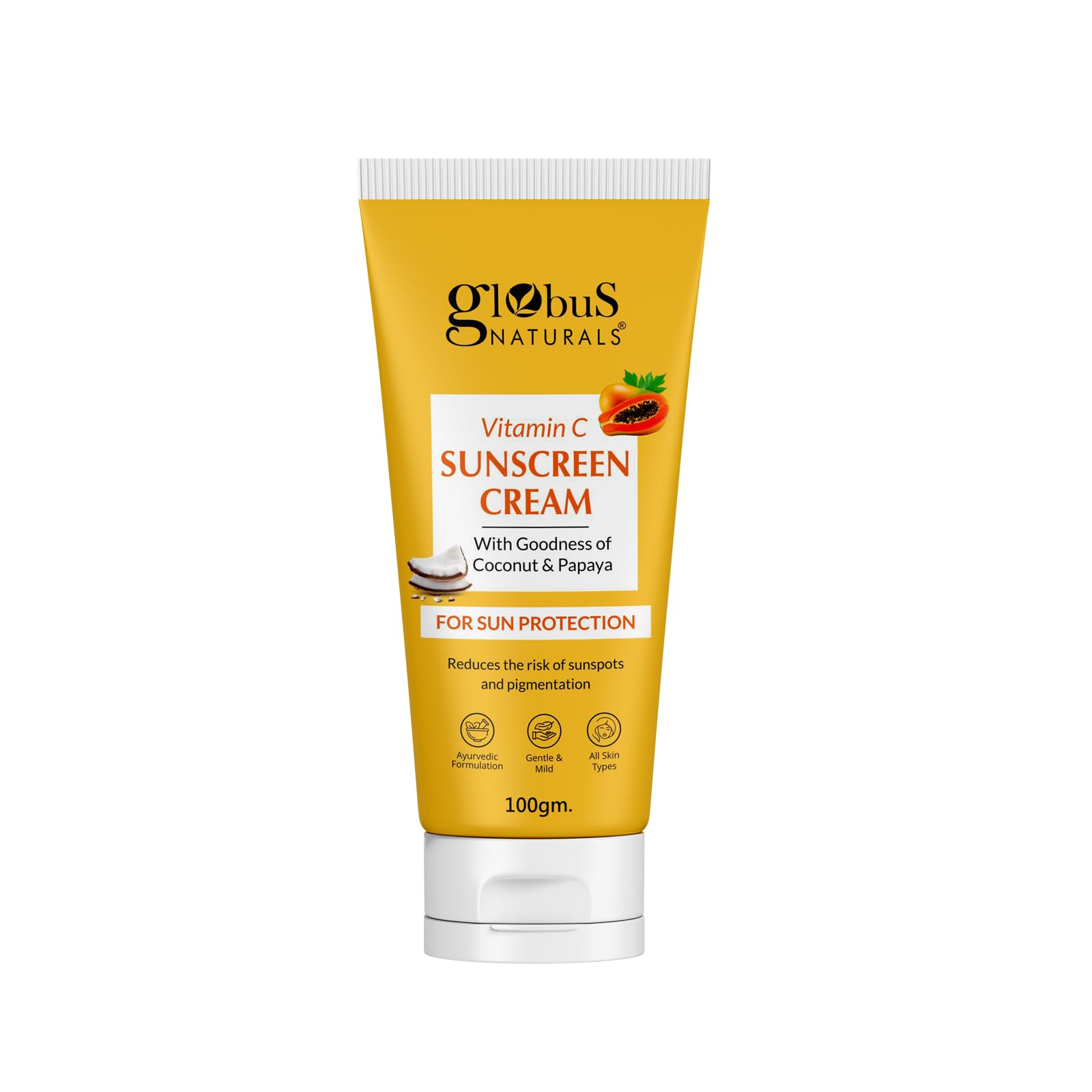 Globus Naturals Vitamin C Sunscreen Cream with Goodness of Coconut & Papaya For Sun Protection All Skin Types 100gm