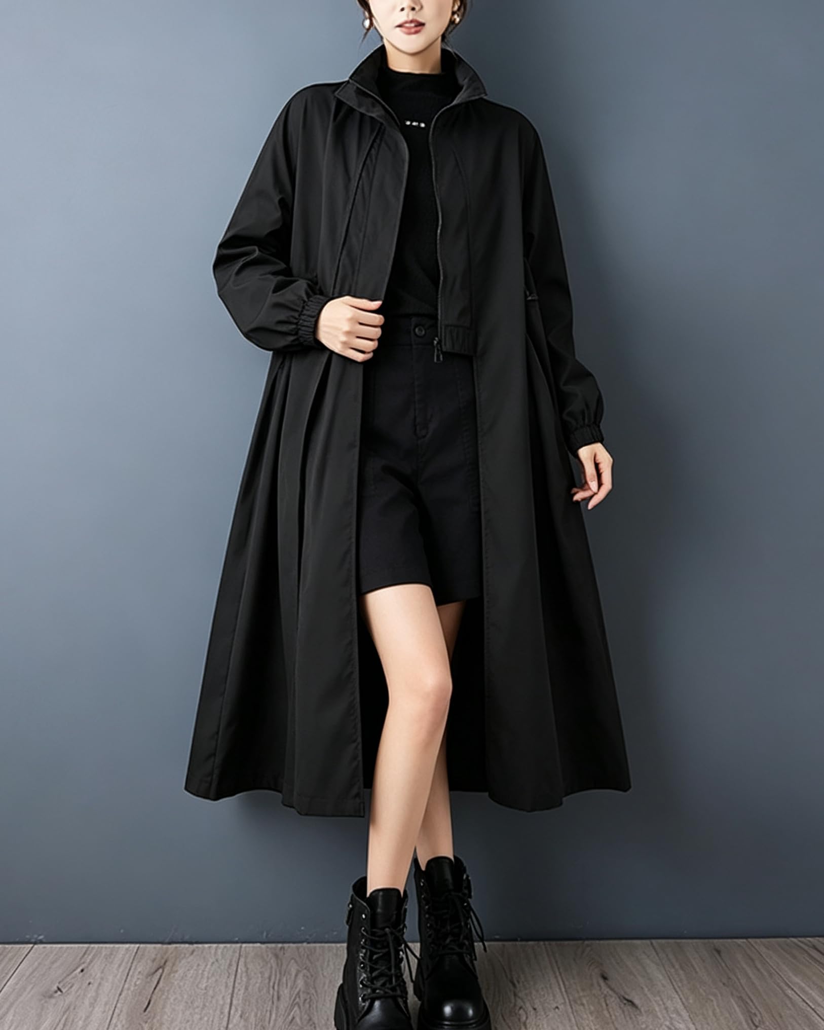 ellazhu Manteau pour femmes, col montant, fermeture éclair, cordon de serrage, uni, manches longues, poches latérales, ourlet long GZ723 A