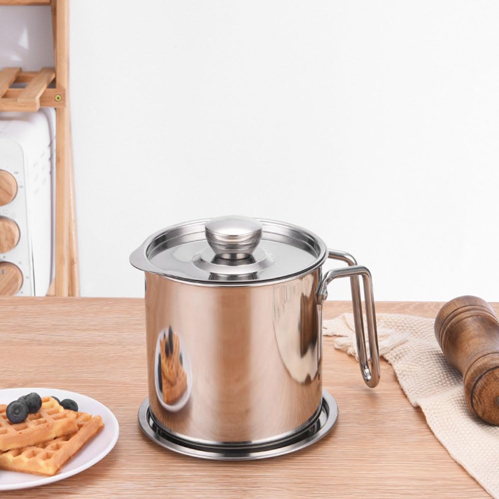 Contenitore per grasso per pancetta in acciaio inox con filtro per olio, coperchio antipolvere e piastra antiscivolo, ideale per conservare olio per friggere e grasso da cucina (1,8 l)
