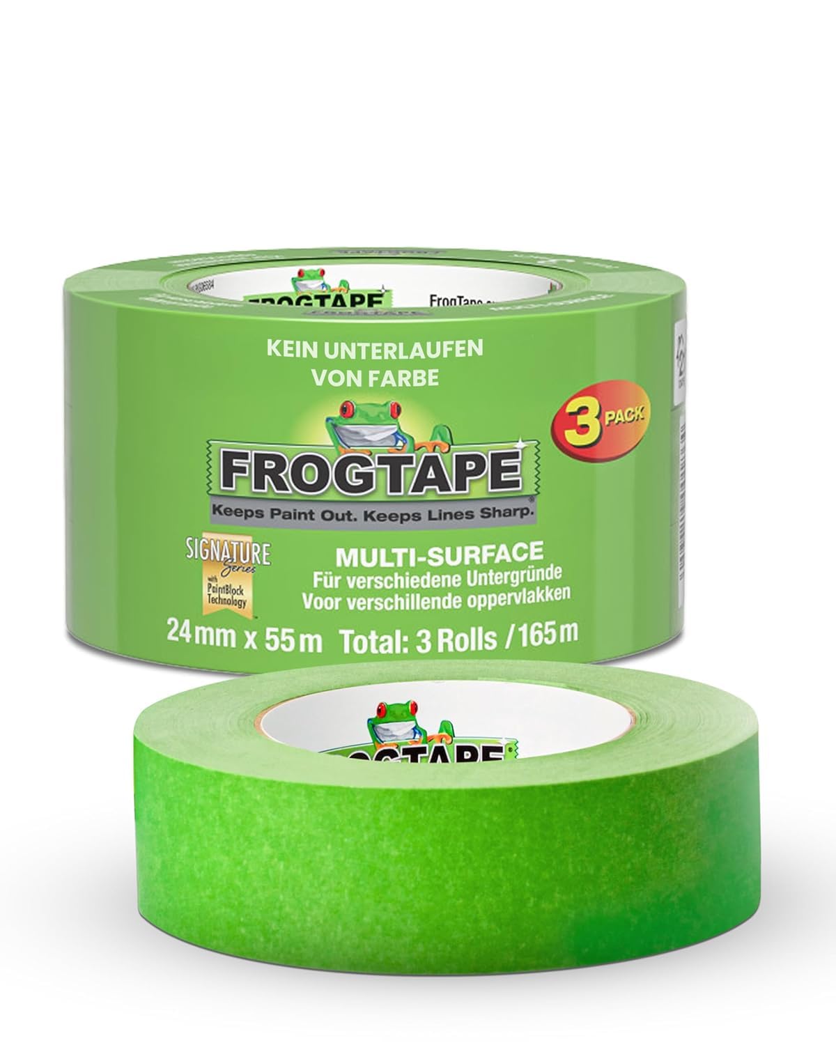 Frog Tape Multi Surface Cinta de Carrocero Verde, Tecnología PaintBlock, Cinta de Pintor para Madera Cristal y Metal, Bordes Muy Nítidos, Retirada Sin Residuos, Multisuperficie, 24mm x 55m Pack 3