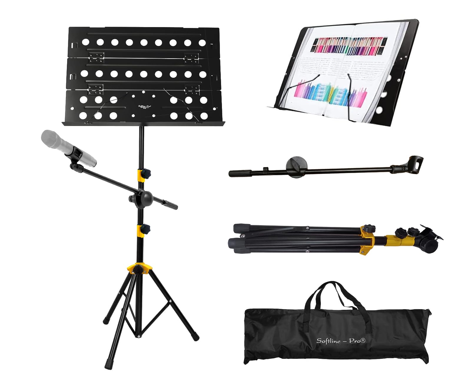 Softline Pro Foldable Music Notation Sheet Stand With Microphone Boom Arm and Carry Bag, 2 Steps Height Adjustable, SP 222-Y