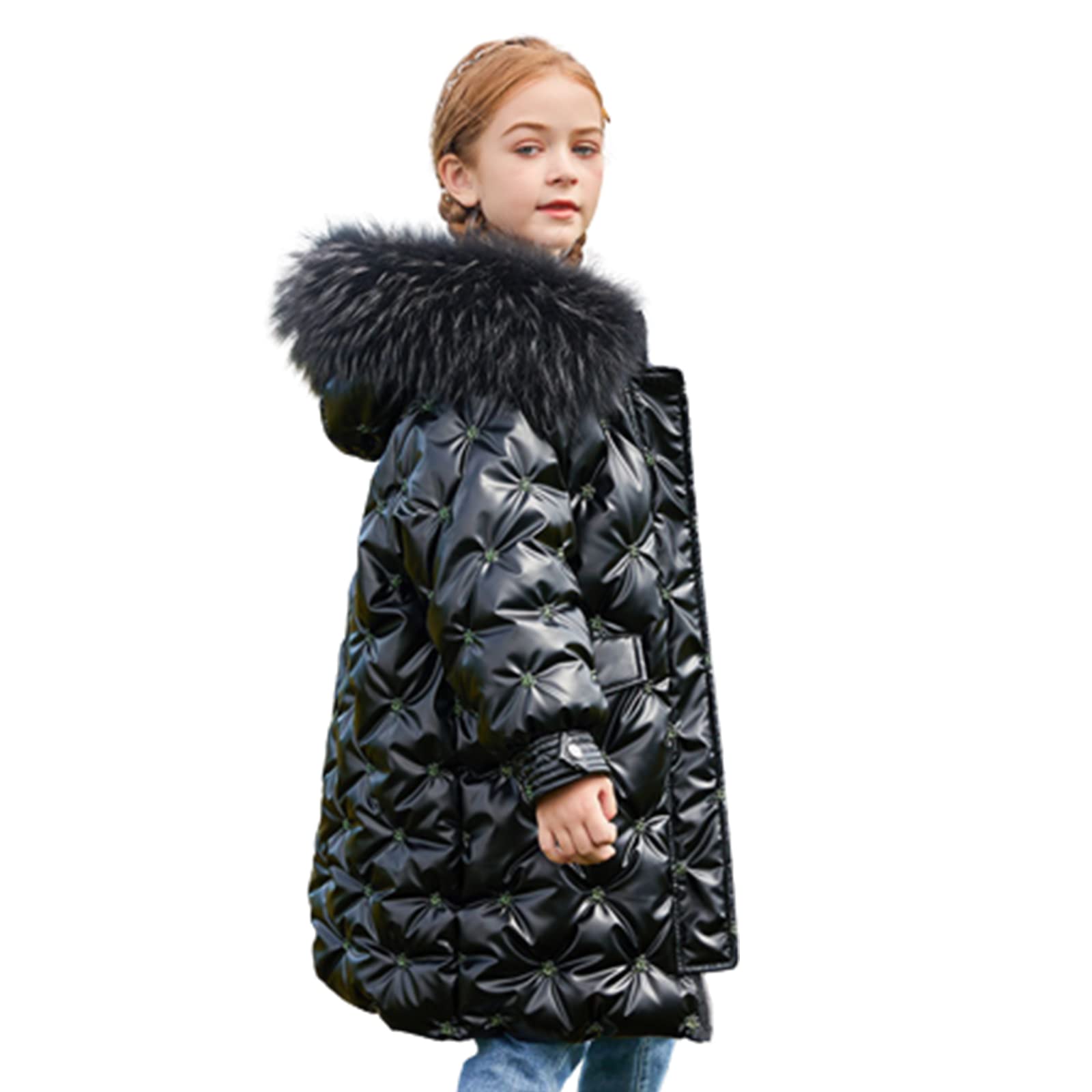 Piumino da Bambina Invernale Bianco Piumino D'Anatra per Bambini Caldo Giubbotto con Cappuccio Stampa Tridimensionale Dolce Ed Elegante,Black,11(120CM)