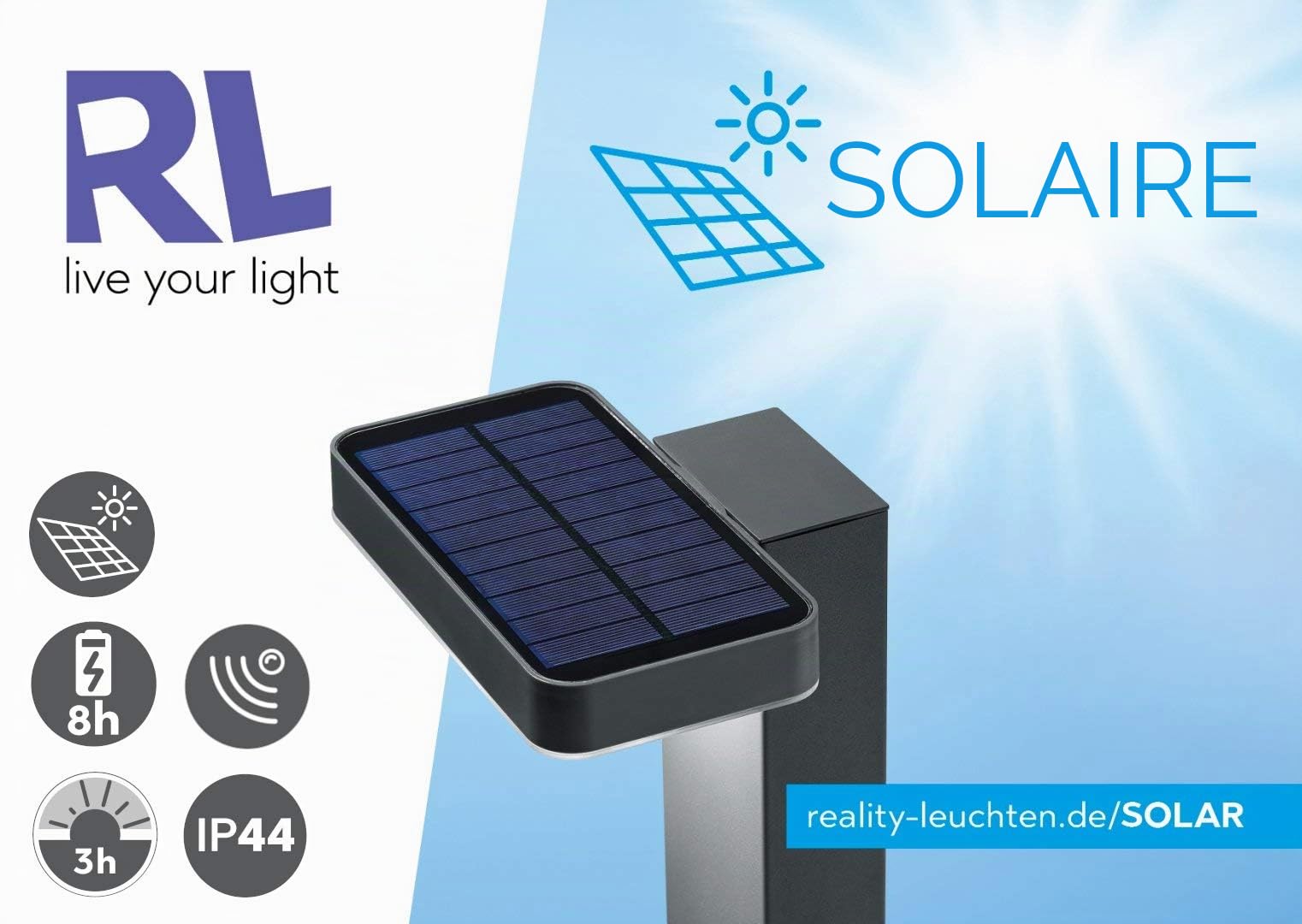 Reality Leuchten Salta R22231142 Applique murale solaire d'extérieur en plastique anthracite avec LED 3 W Détecteur de mouvement