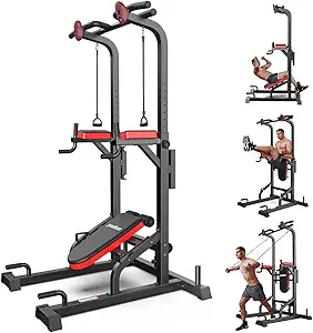 Pooboo Power Tower Dip Station Pull Up Bar for Fitness Home Gym Workout,Multi-Function Adjustable Height Fitness Strength Training Exercise Equipment,with Supine Board