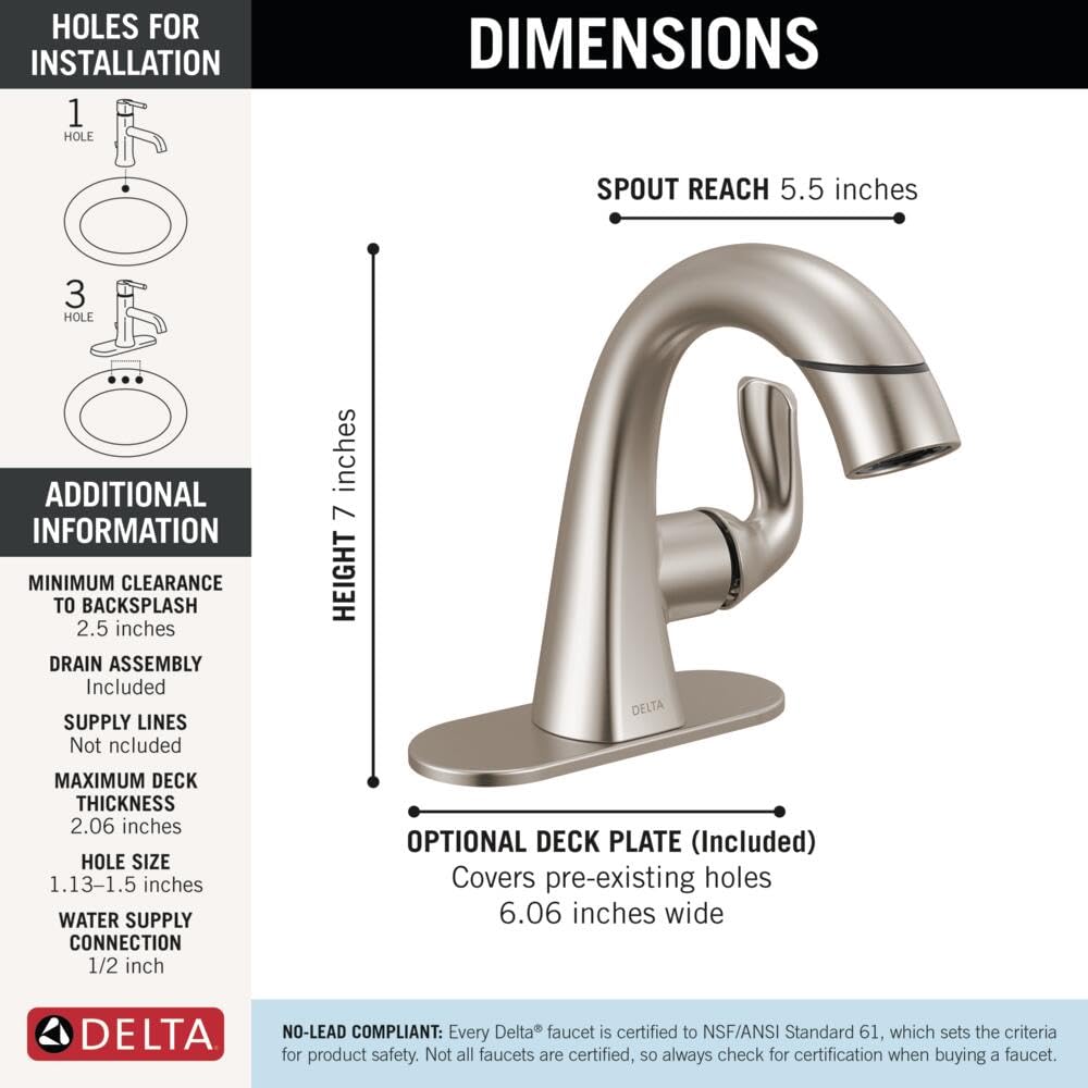 Delta Faucet Arvo 115840LF-SPPD - Grifo de Lavabo Extraíble de un Solo Agujero, Níquel Cepillado, Grifo de Baño con Pulverizador Extraíble, Grifo de Baño de una Sola Manija, Níquel SpotShield