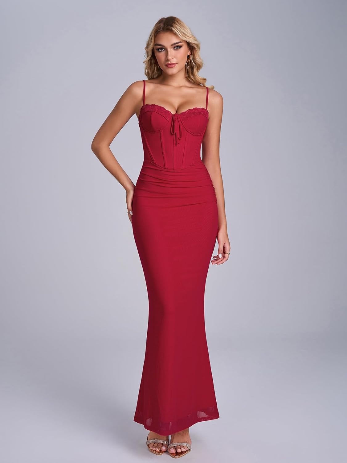 KUTUMAI Vintage Lace Corset Floral Maxi Long Dress Bodycon Ruched Tie Formal Wedding Guest Dresses for Women Elegant - Image 5