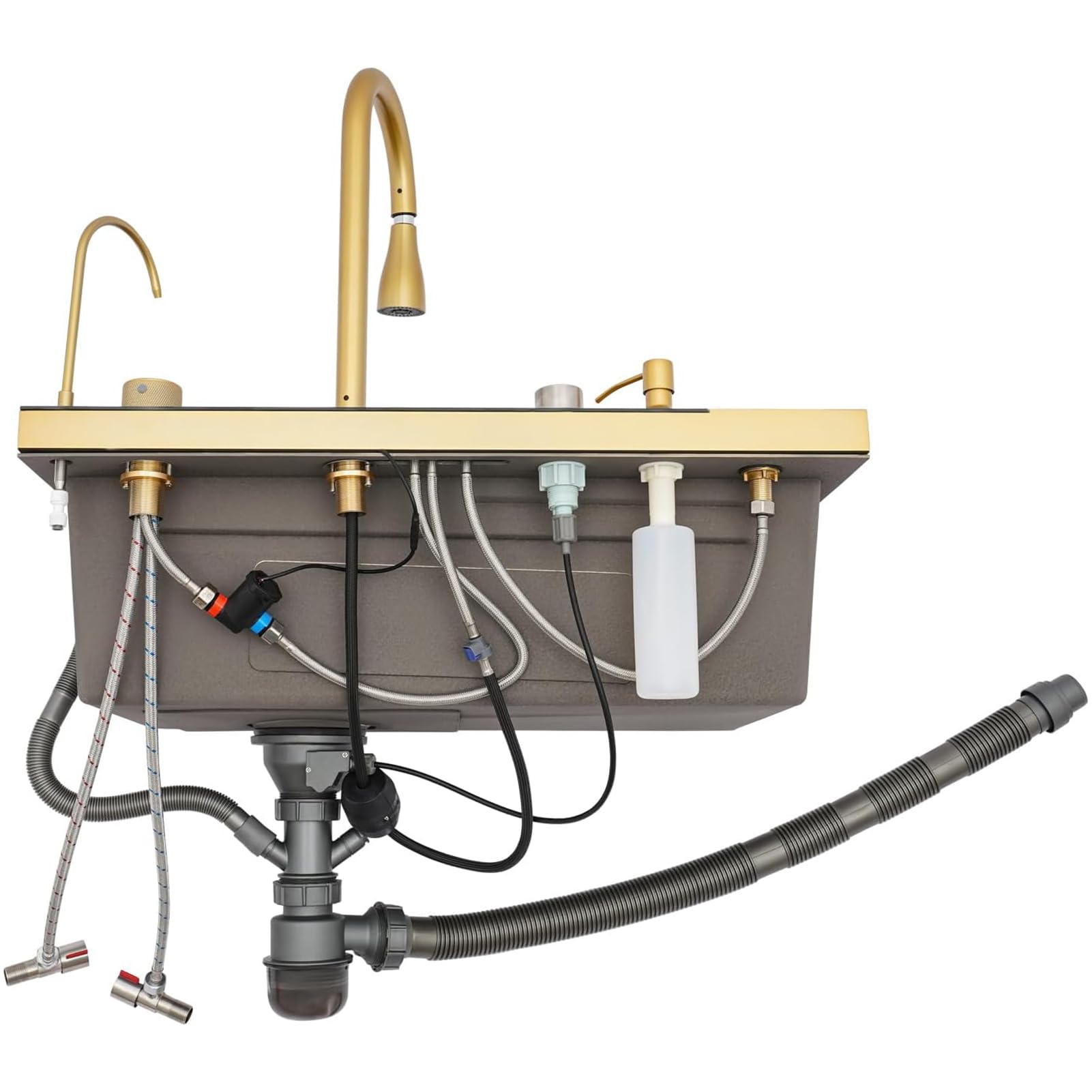 Lavello Cucina Con Cascata 80 x 45 cm,Lavello Cucina 1 Vasca In Acciaio Inox,Lavello Oro Multifunzione Cucina,Con Rubinetto Estraibile,Sifone,Dispenser Sapone,Lavello Mobile e Tagliere