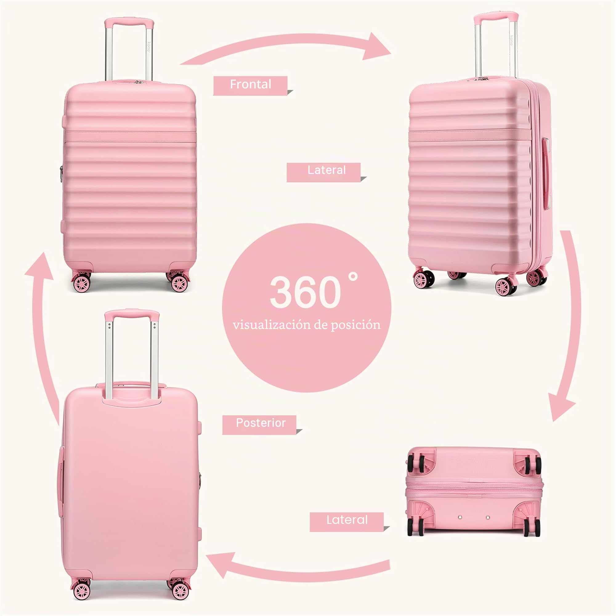 Kono Maleta de Mano ABS + PC rígida Ligera de Cabina de Viaje con Ruedas giratorias TSA, Cabin 20 Inch（S，Rosa）