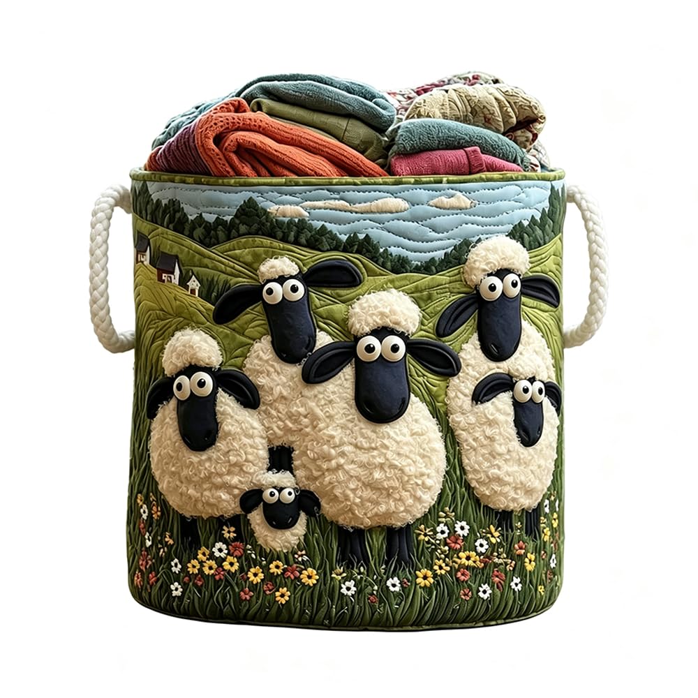 3D Cute Sheep Print Quilted Laundry Basket Home Storage Hamper with Handles (KT33309A01,S)