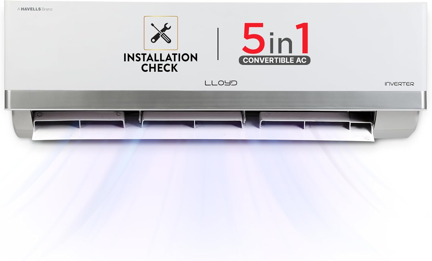Lloyd 1.5 Ton 3 Star Inverter Split AC (5 in 1 Convertible, Cool Even at 52°C, Anti Corrosion Coating, Copper, Anti-Viral Filter, White with Silver Deco Strip, GLS18I3FOSBW)