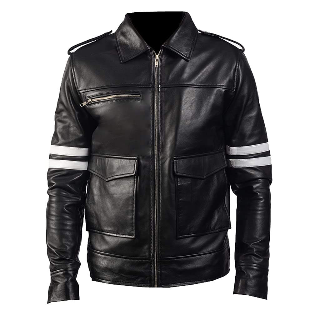 Tiptop Safaari Men’s Genuine Leather Jacket Ghost Rider Leather Jacket in Black with White Stipes