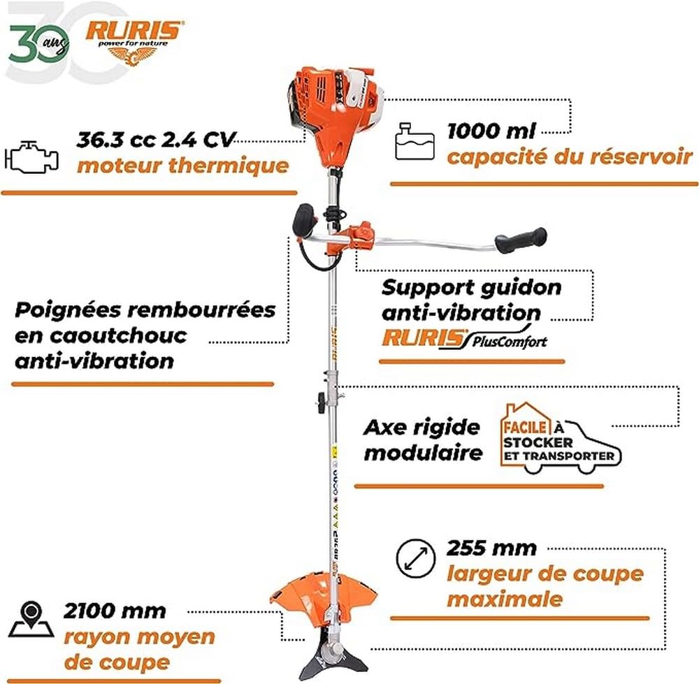 RURIS POWER FOR NATURE Desbrozadora térmica RR362 2 Tiempos 36,3 cm3, 2,4 CV, 255 mm – Arnés de Doble Balance, Asas ergonómicas de Dos segmentos