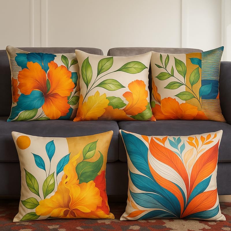 Image of Decorative Satin Sofa Cushion Covers Set of 5, 16 x 16 Inches, Multicolor Floral Printed Pillow Covers for Living Room, Bedroom, Couch & Sofa, Soft Glossy Fabric, Zipper Closure