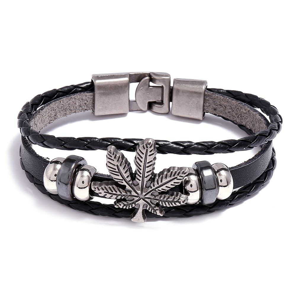 [HXSCOO] パンクジュエリーメープルリーフレザーブレスレットレトロレザーメープルリーフブレスレットバックルブレスレットジュエリー