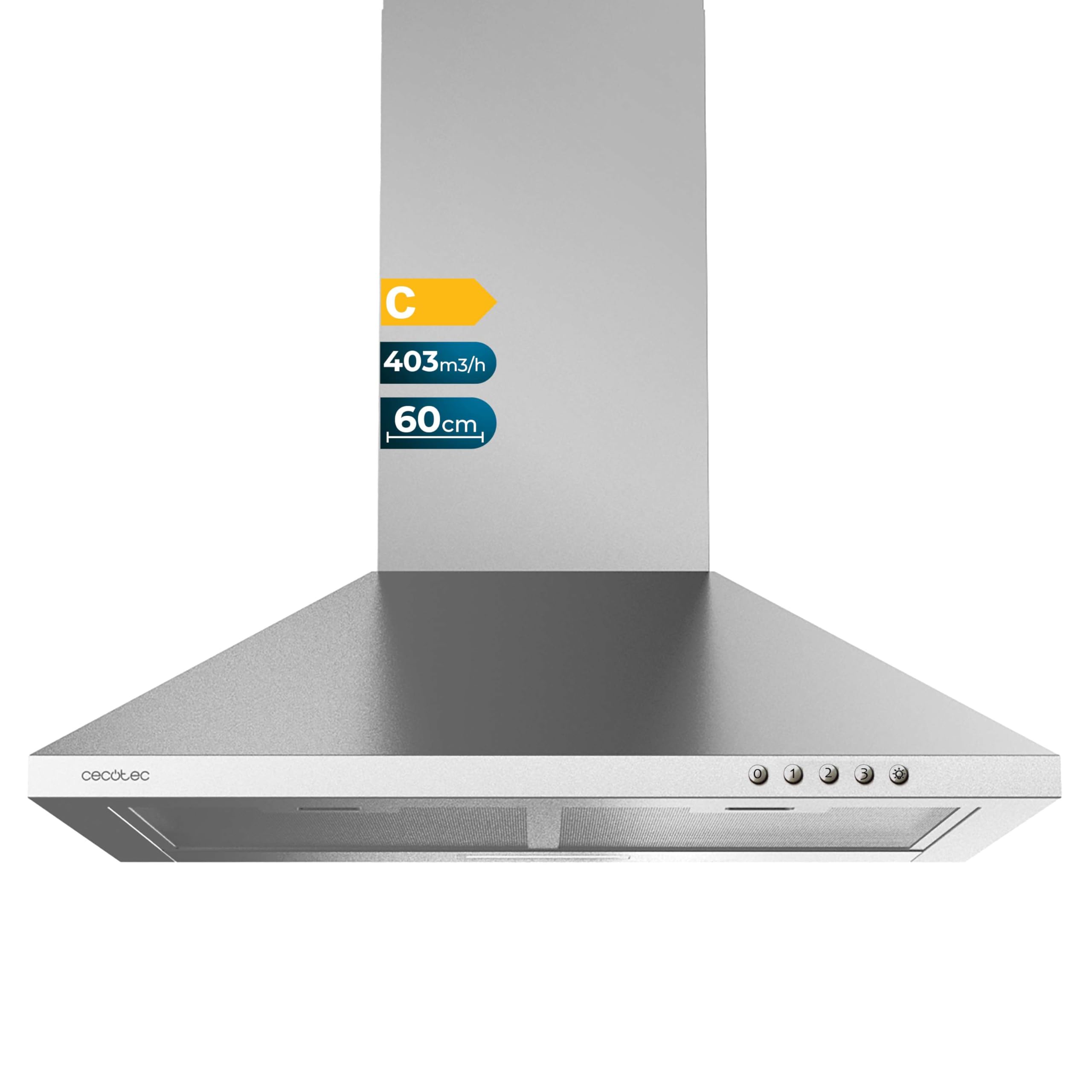 Cecotec Campana Extractora de 60 cm Flux PM 604300 Inox C. Forma de Pirámide, Acabado Inox, Potencia Succión 403m3/h, Motor 105W, Clase C, Control Mecánico, 3 Niveles de Potencia