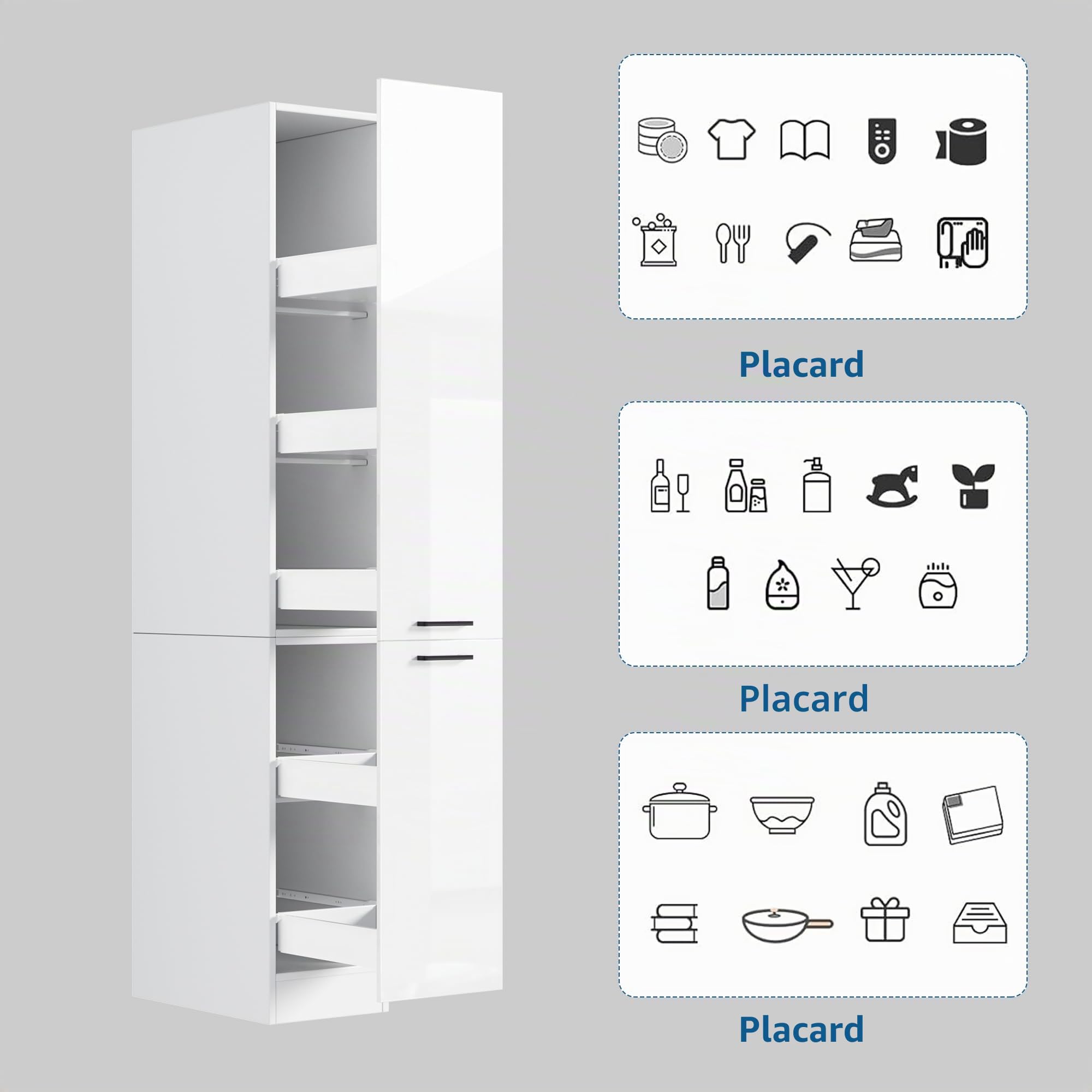 MSFE 207cm Meuble Haute de Cuisine, Meuble de Rangement Mince étroit à Tiroirs Coulissants,Moderne pour Pharmacie de Cuisine, Armoire Cuisines,207 * 56 * 30cm,Beaucoup d'espace de Rangement,Blanc bri