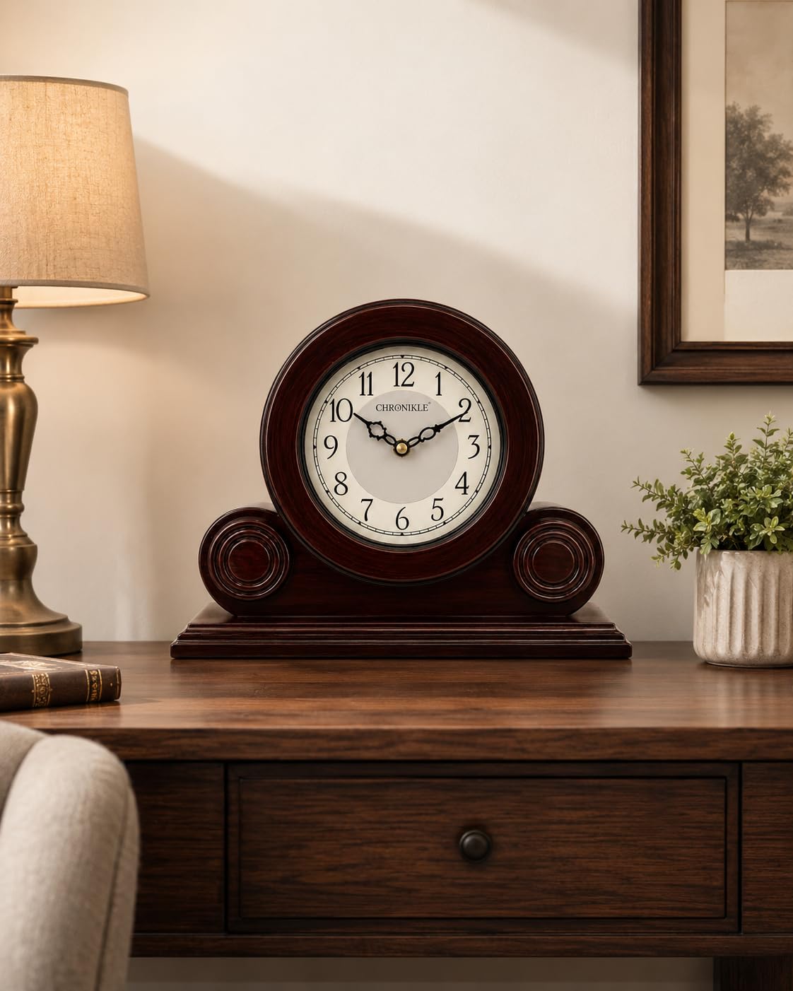 CHRONIKLE Beautiful Brown Color Wooden English Numbers Round Golden Color Dial Analog Table Clock for Office Desk Home Living Study Room Gifts (Size: 22 x 7 x 32 CM | Weight: 1275 Gram) — Amazon image 6