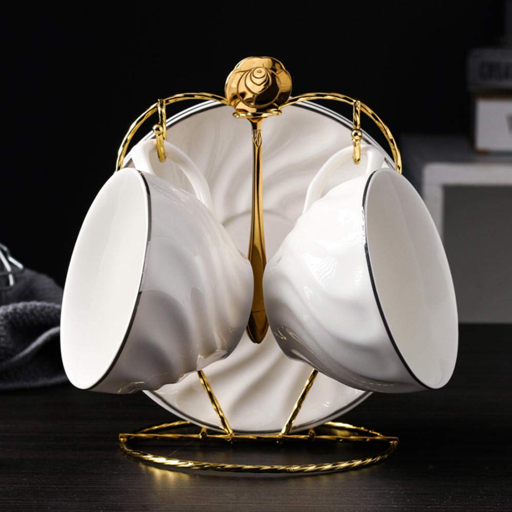 European Ceramic Espresso Set Home Couple Set Cup Tea Set 2 Piece Matching Spoon 180ml@Silver side two cups and saucers