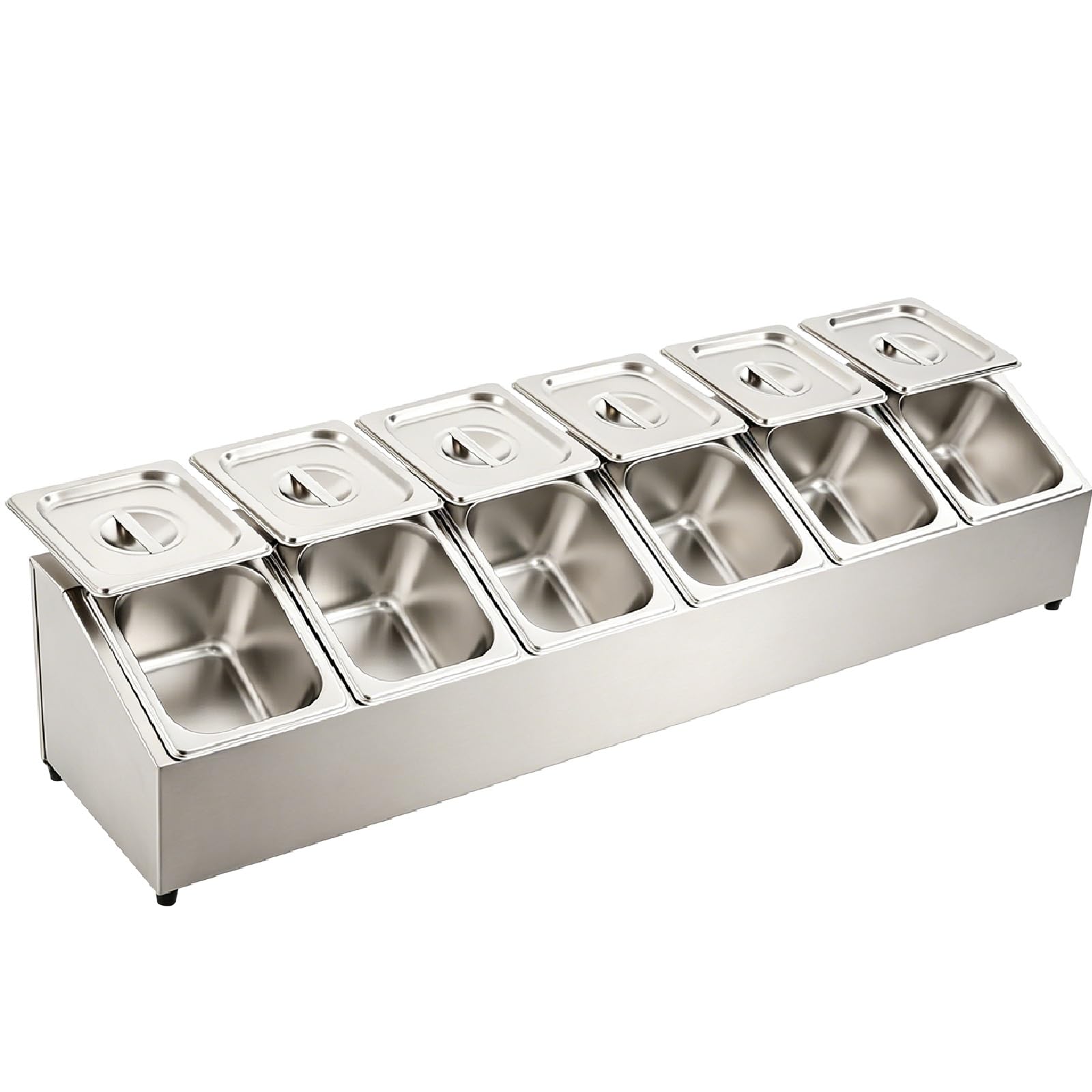 Pizza Topping Station Stainless Steel Seasoning Containers with Lid, 6 Compartment Detachable Condiment Dispenser Tray for Preparing Ingredients, Home Kitchen or Restaurant Chilled Garnish Organizer